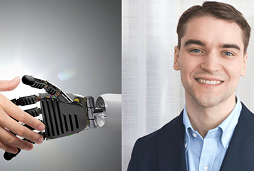 Bild på mänsklig hand och en AI-hand samt Sebastian Berg